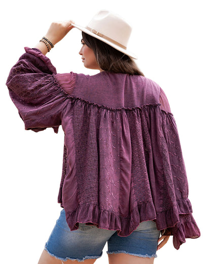 Women's Dreamy Sheer V-Neck Ruffled Button-Front Top - Tp56312-Mulberry