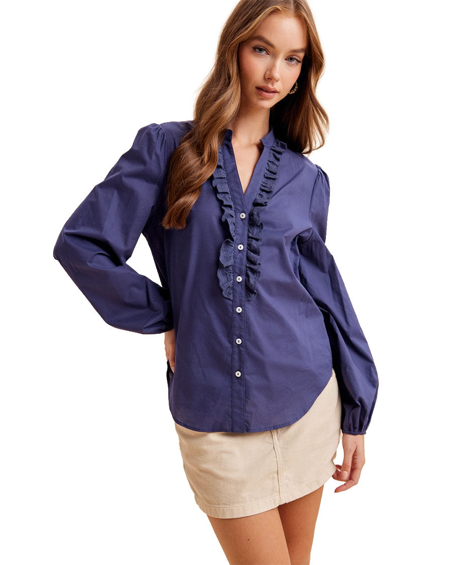 Women's Ruffled Cotton Blouse - Il7087-Dark-Navy