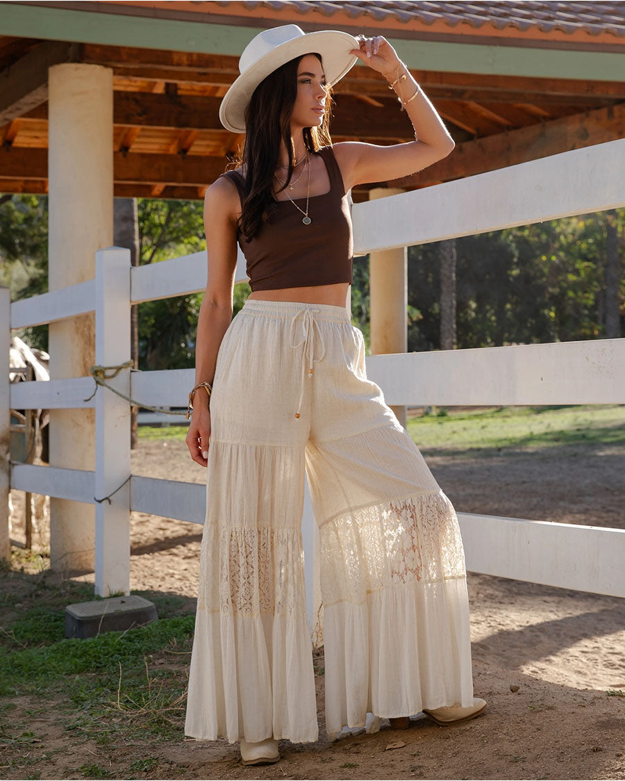 Women's Artisan Flax 4-Tier Patchwork Wide Leg Pants - Pa56705-Natural
