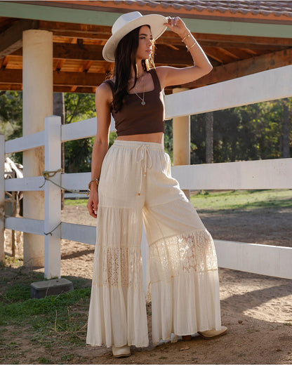 Women's Artisan Flax 4-Tier Patchwork Wide Leg Pants - Pa56705-Natural