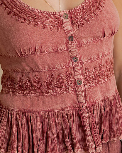 Women's Vintage-Style Embroidered Peplum Boho Tank Top - Tp56330-Garnet