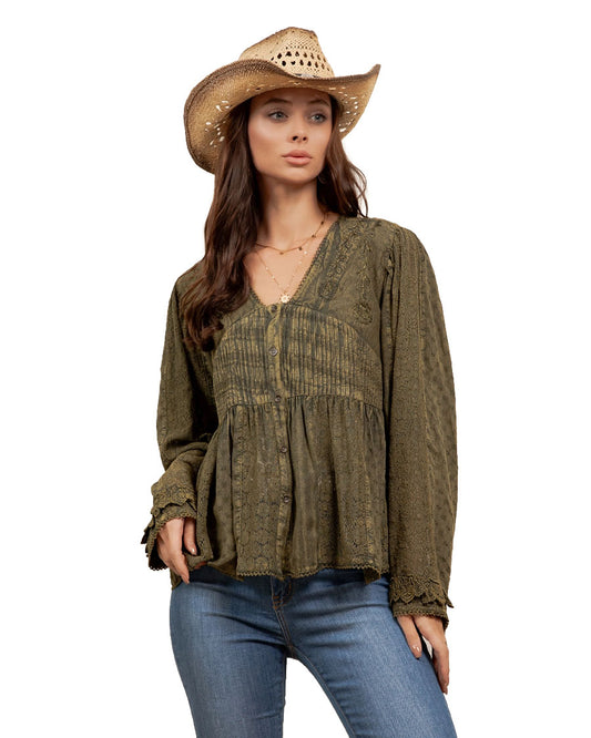Women's Vintage Boho Embroidered Lace V-Neck Peplum Top - Tp56361-Basil