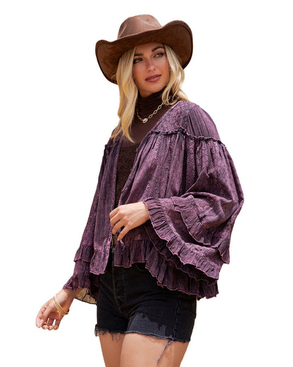 Women's Dreamy Sheer V-Neck Ruffled Button-Front Top - Tp56312-Mulberry by Young Threads from Skip’s Western Outfitters | YGT-TP56312-MULBERRY-S