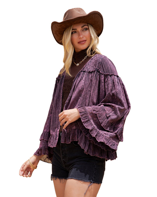 Women's Dreamy Sheer V-Neck Ruffled Button-Front Top - Tp56312-Mulberry