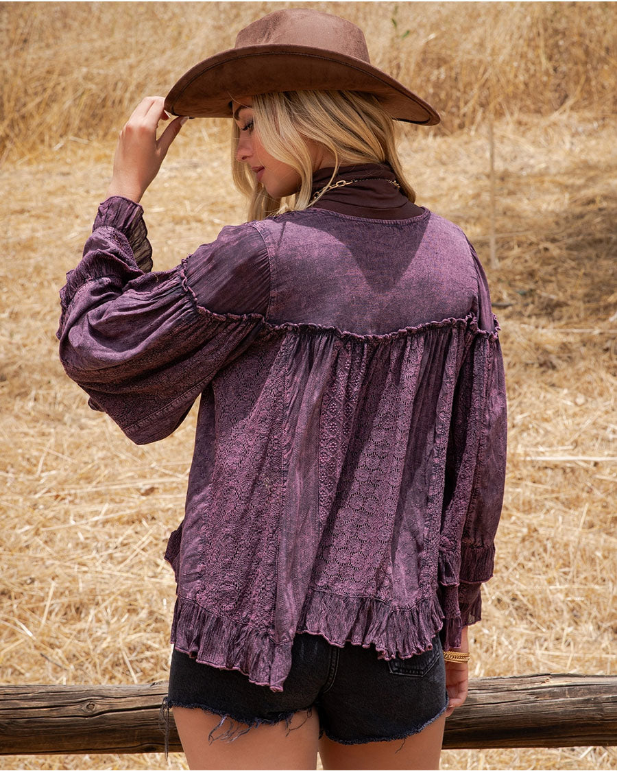 Women's Dreamy Sheer V-Neck Ruffled Button-Front Top - Tp56312-Mulberry