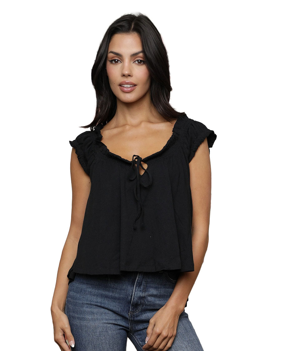 Women's Flowy Cap Sleeve Knit Babydoll Blouse - X2Eg8-Asis-Black