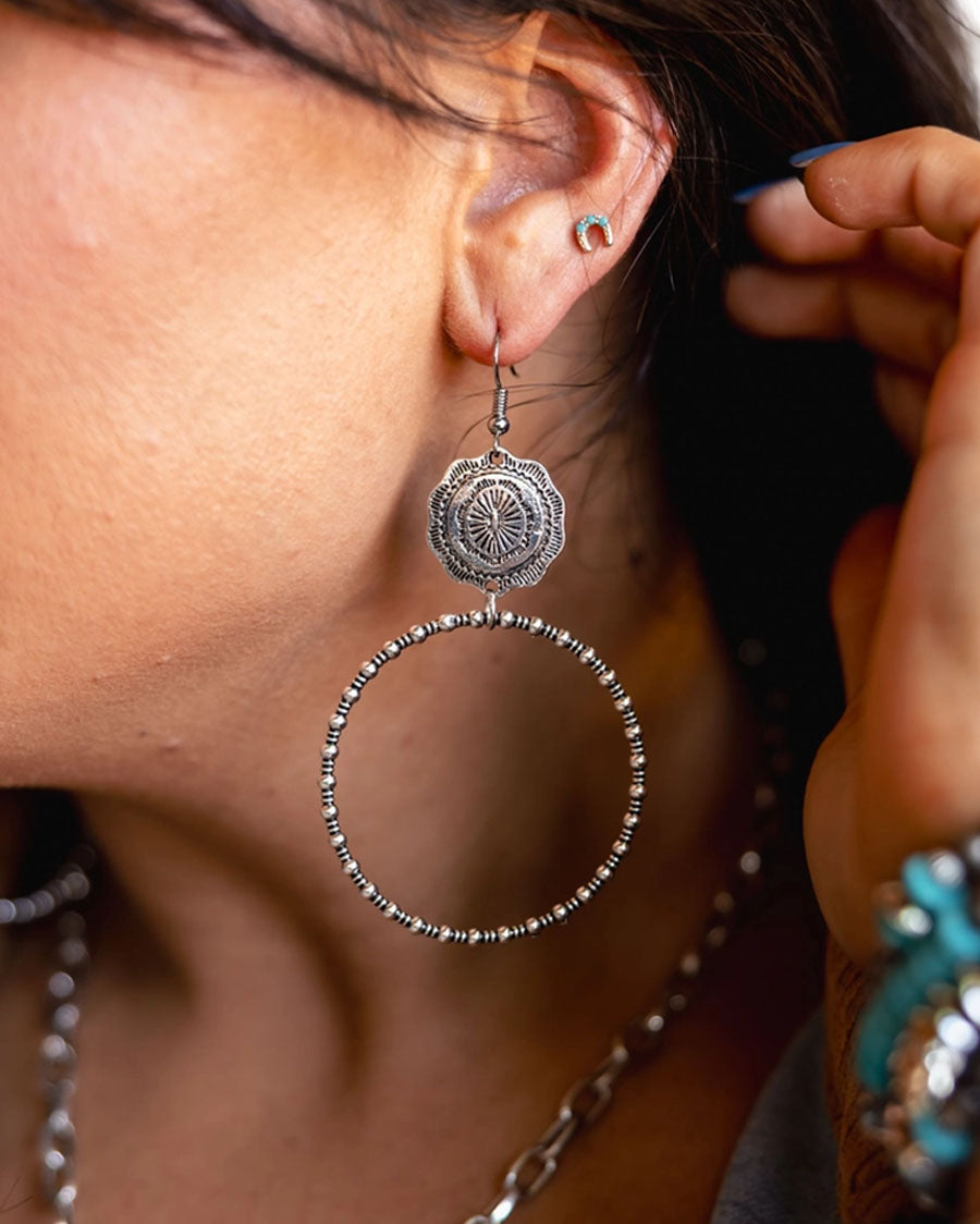 Women's Silver Dangle Hoop On Fishook With Concho Accent Earrings - E789