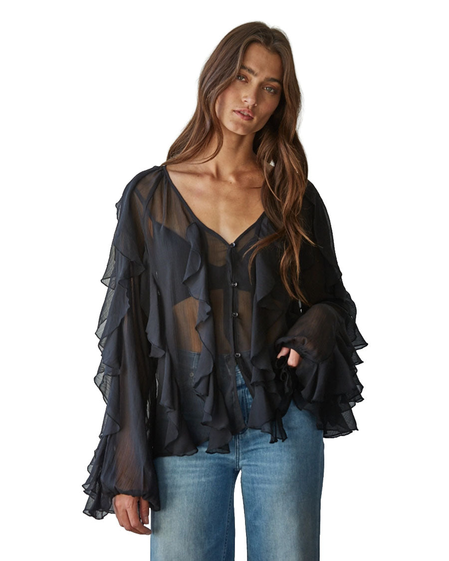 Women's Woven Ruffled V-Neck Button Down Long Sleeve Blouse - L9763-Black