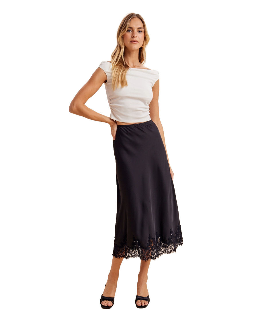 Women's Satin Lace Trim Skirt - Ilb7145-Black