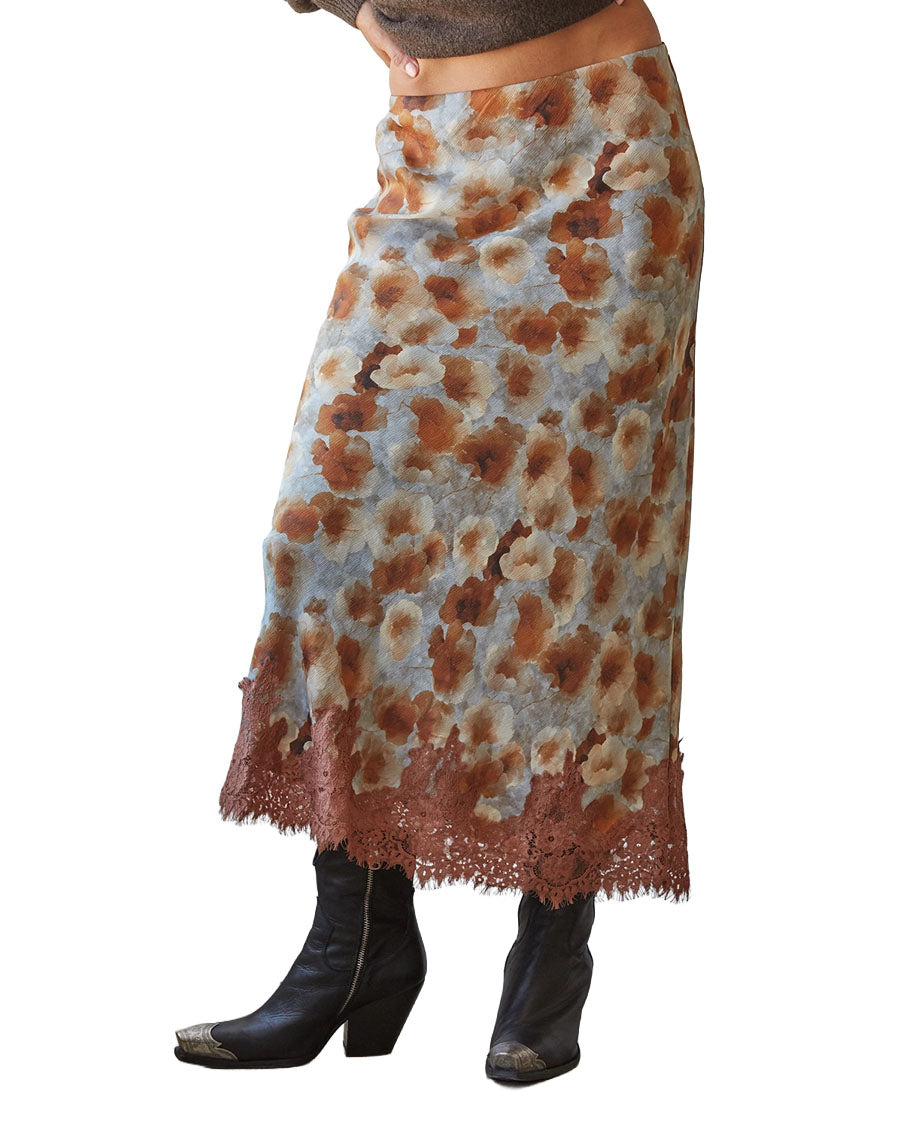 Women's Woven Floral Print Pencil Midi Skirt - L9910-Grey-Camel
