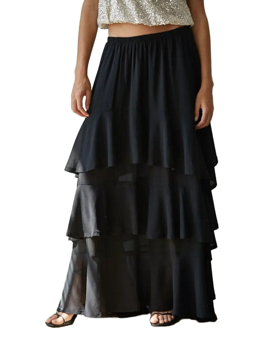 Women's Woven Polyester Chiffon Tiered Midi Skirt - L8872-Black
