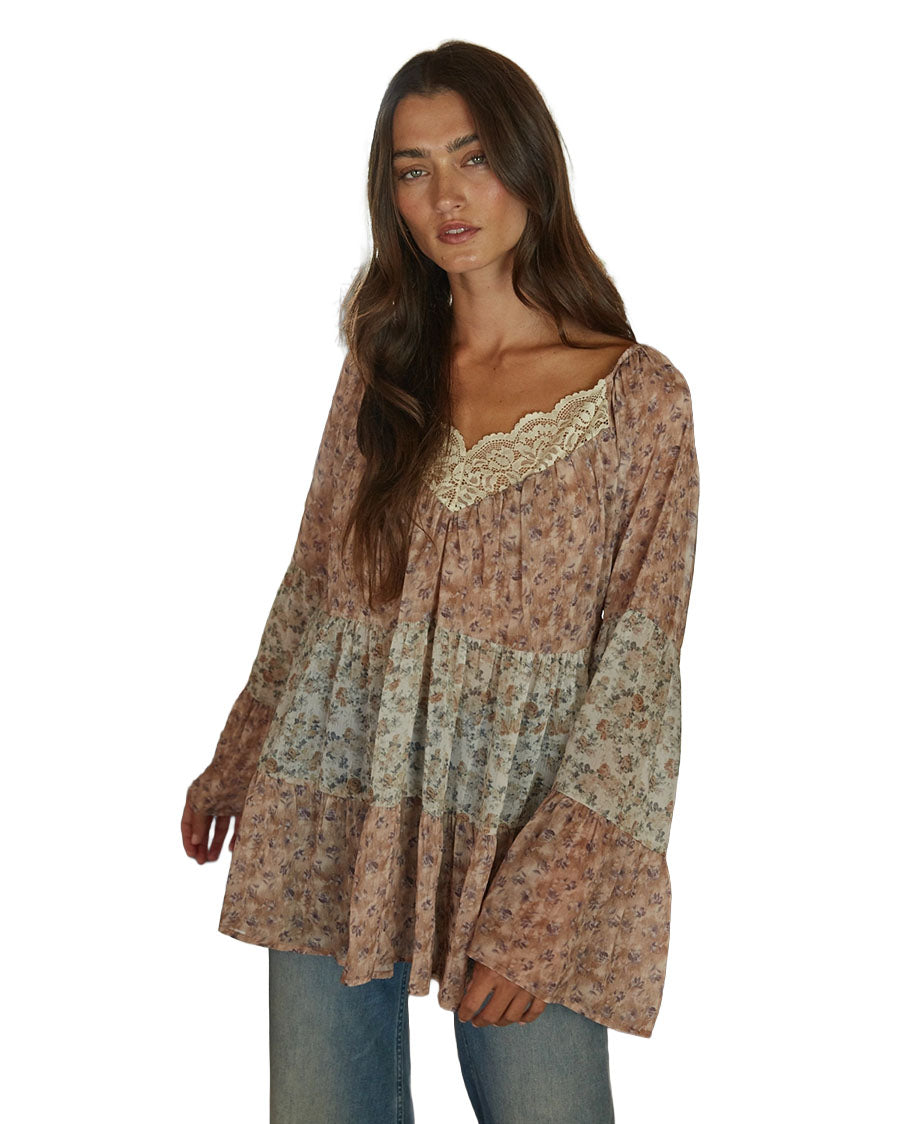 Women's Woven Polyester Floral Print V-Neck Long Sleeve Blouse - L10245-Mocha-Ivory