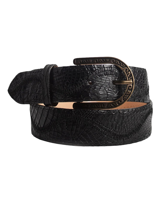 Men's Black Caiman Embroidery & Patchwork Waves Belt - Cb302