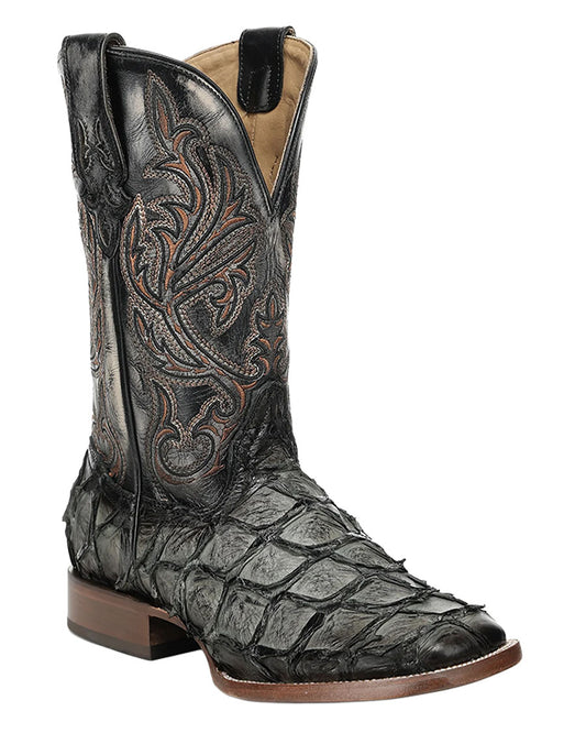 Men's Olive Green Pirarucu Embroidery Wide Square Toe Western Boots - A5055