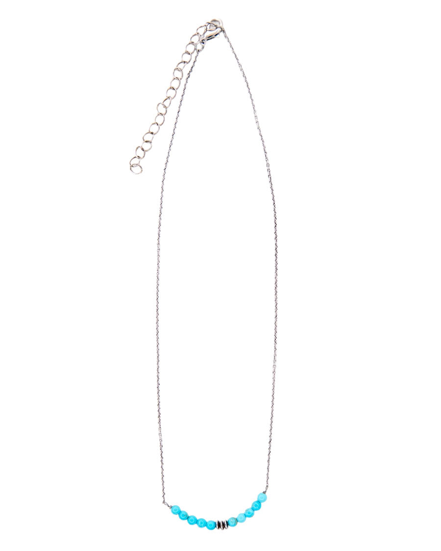 Women's 15" 18K White Gold Plated Dainty Chains and Turquoise Disc Beaded Bar Necklace - Wc-N23Wg