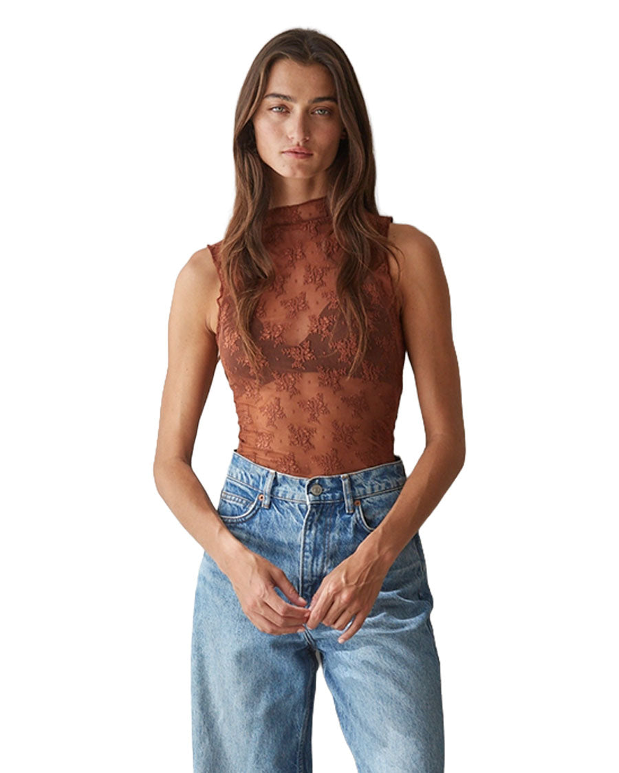 Women's Knit Floral Lace Sleeveless Mock Neck Top - L9601-Brown