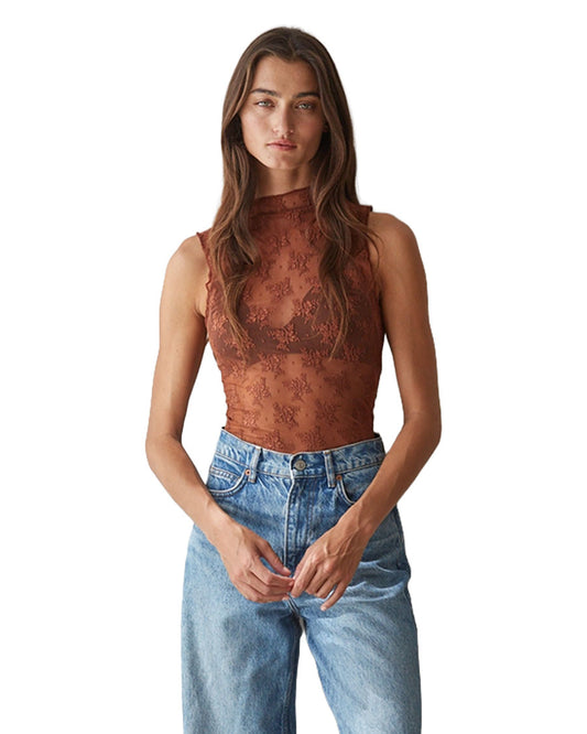 Women's Knit Floral Lace Sleeveless Mock Neck Top - L9601-Brown