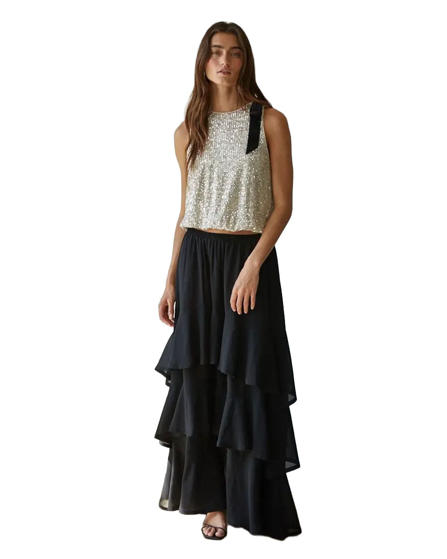 Women's Woven Polyester Chiffon Tiered Midi Skirt - L8872-Black