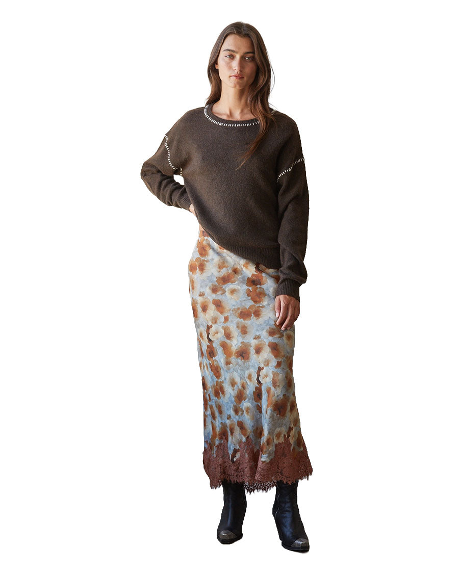 Women's Woven Floral Print Pencil Midi Skirt - L9910-Grey-Camel