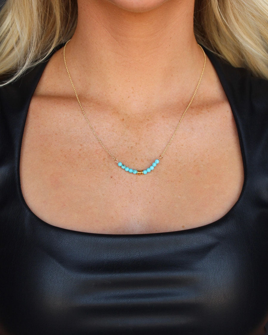 Women's 15" 18K Gold Plated Dainty Chain and Turquoise And Disc Beaded Bar Necklace - Wc-N23G