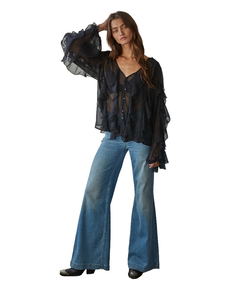 Women's Woven Ruffled V-Neck Button Down Long Sleeve Blouse - L9763-Black