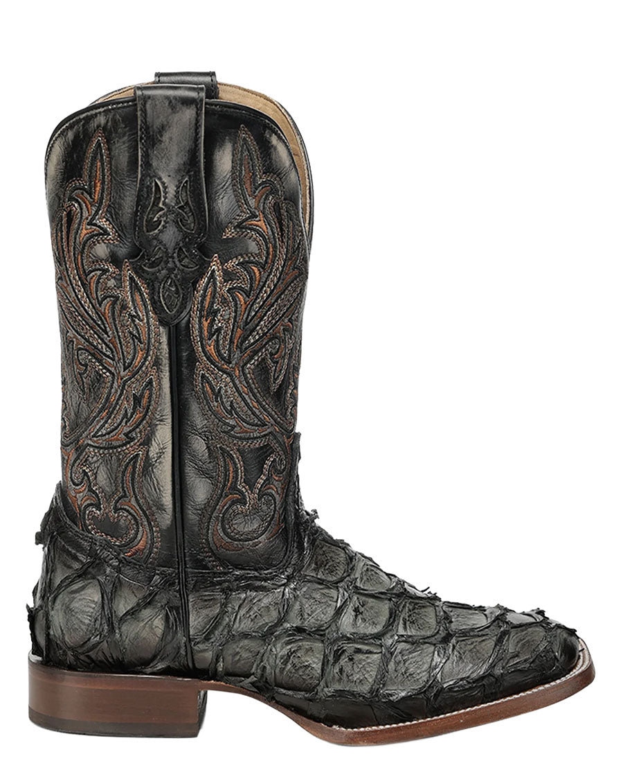 Men's Olive Green Pirarucu Embroidery Wide Square Toe Western Boots - A5055