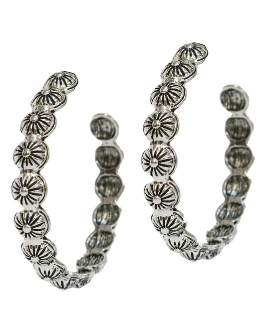 Women's 2" Burnished Silver Concho Hoop Earrings - E887