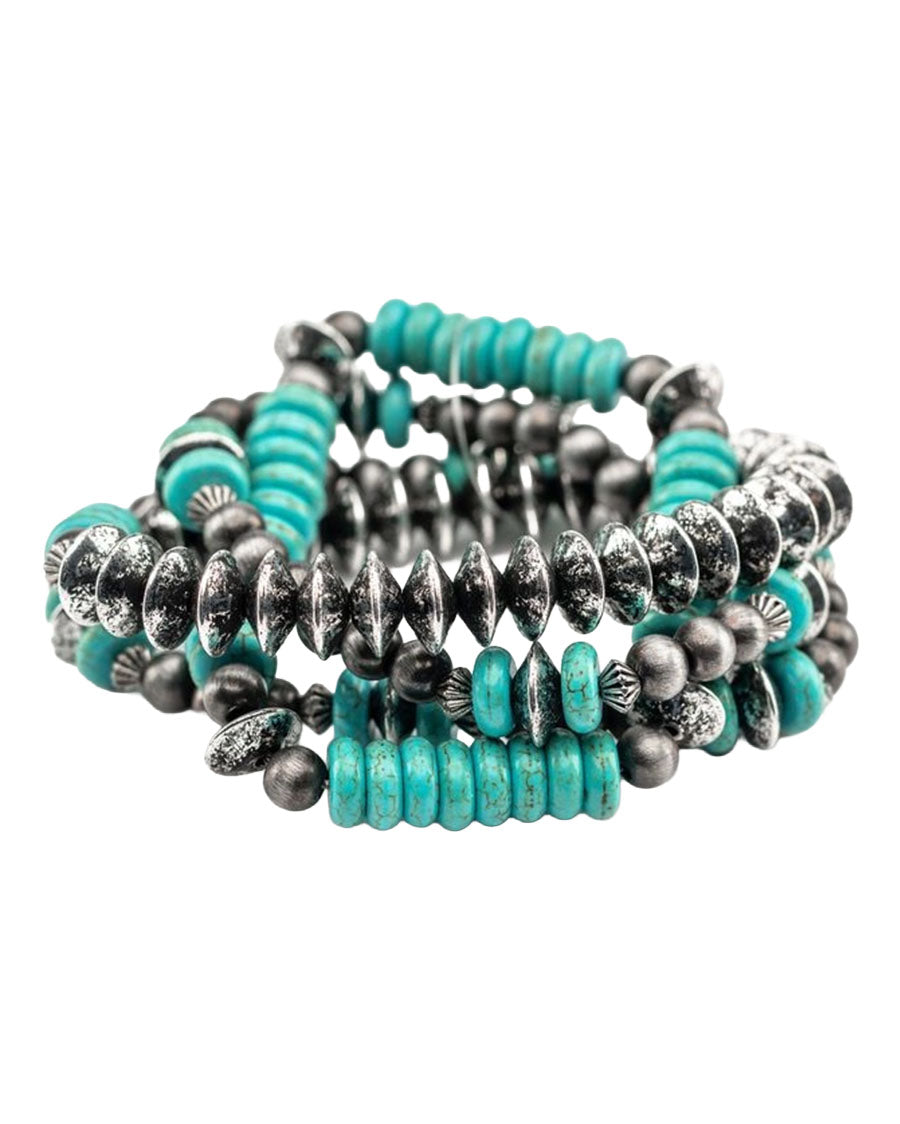 Women's 5 Strand Turquoise And Silver Assorted Stretch Bracelet - Br1409