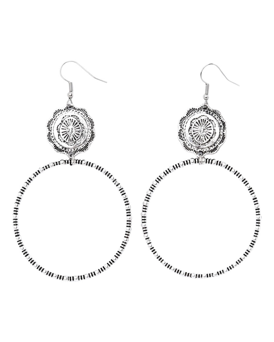 Women's Silver Dangle Hoop On Fishook With Concho Accent Earrings - E789