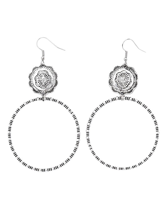 Women's Silver Dangle Hoop On Fishook With Concho Accent Earrings - E789