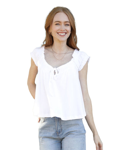 Women's Flowy Cap Sleeve Knit Babydoll Blouse - X2Eg8-Asis-White by Angie from Skip’s Western Outfitters | ANG-X2EG8-ASIS-WHITE-S-WHITE