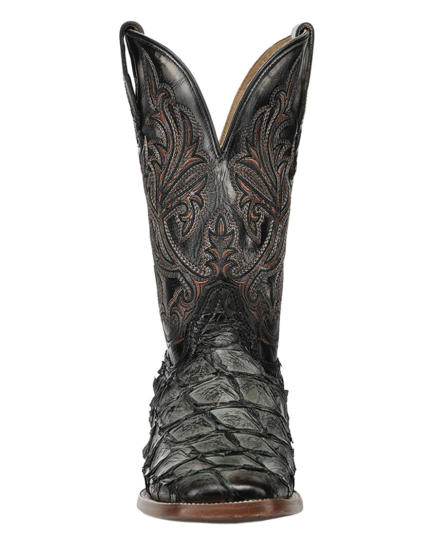 Men's Olive Green Pirarucu Embroidery Wide Square Toe Western Boots - A5055