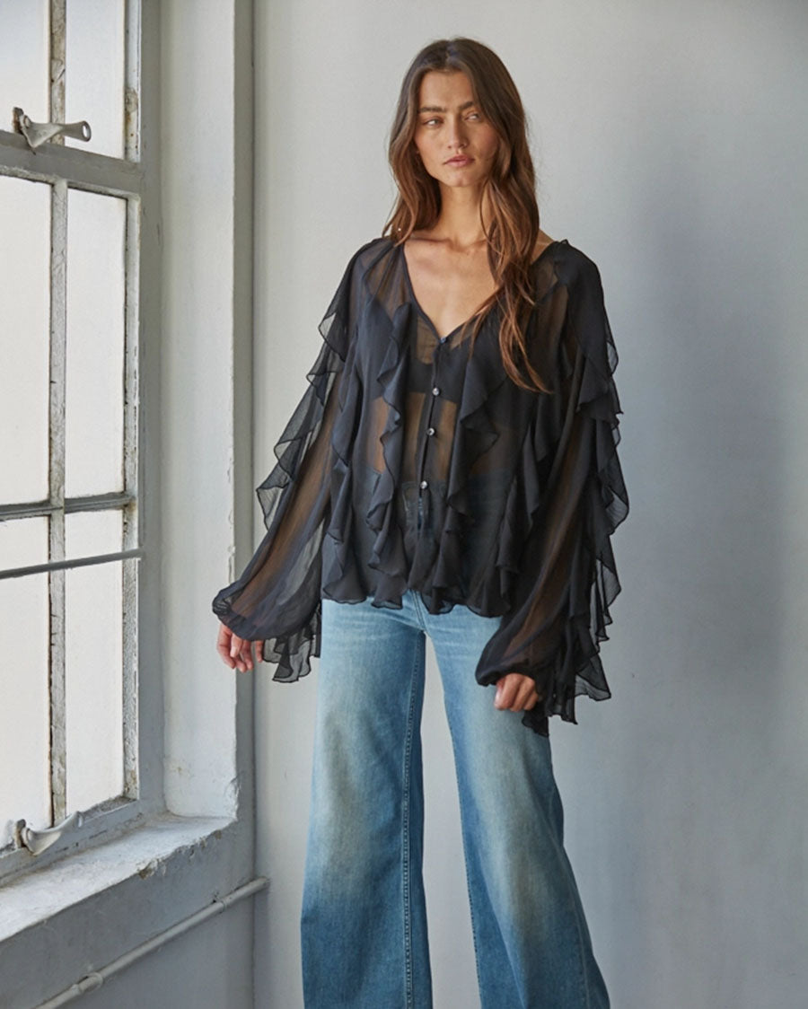Women's Woven Ruffled V-Neck Button Down Long Sleeve Blouse - L9763-Black