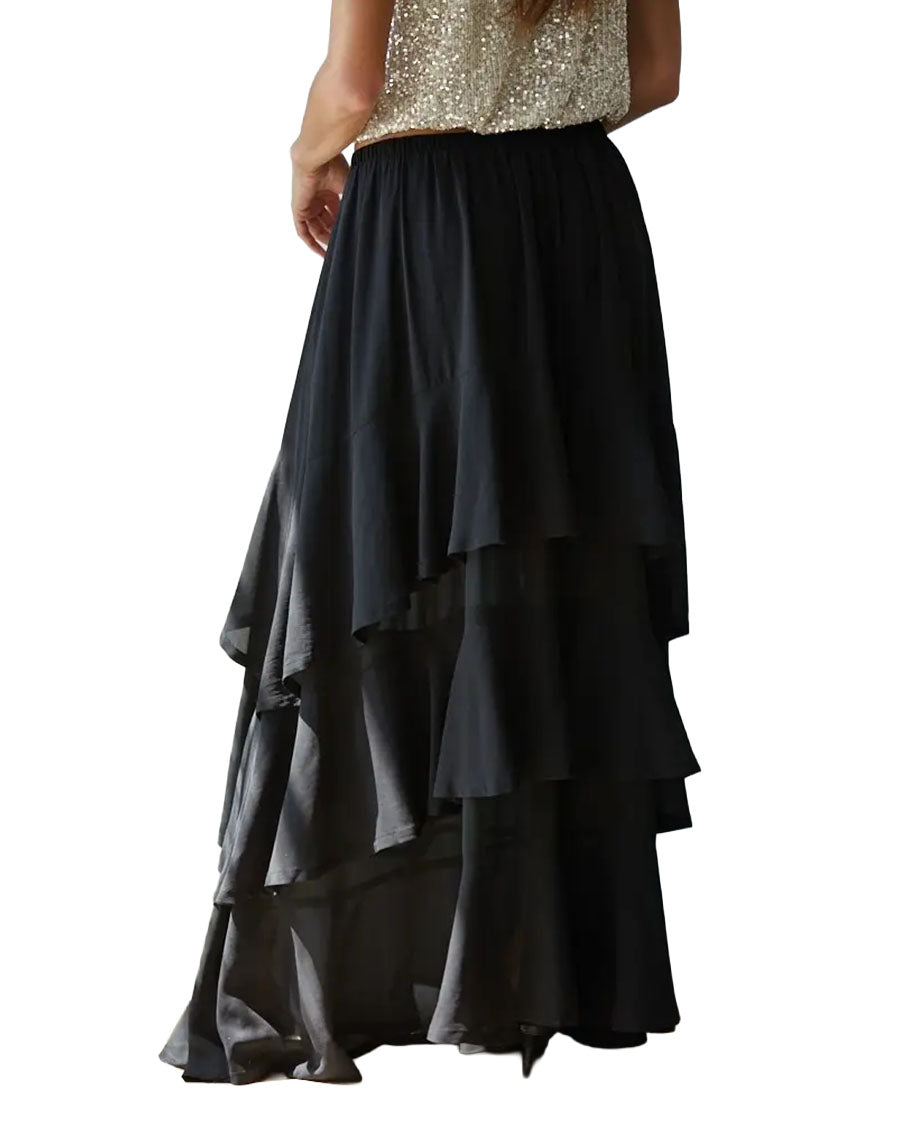 Women's Woven Polyester Chiffon Tiered Midi Skirt - L8872-Black