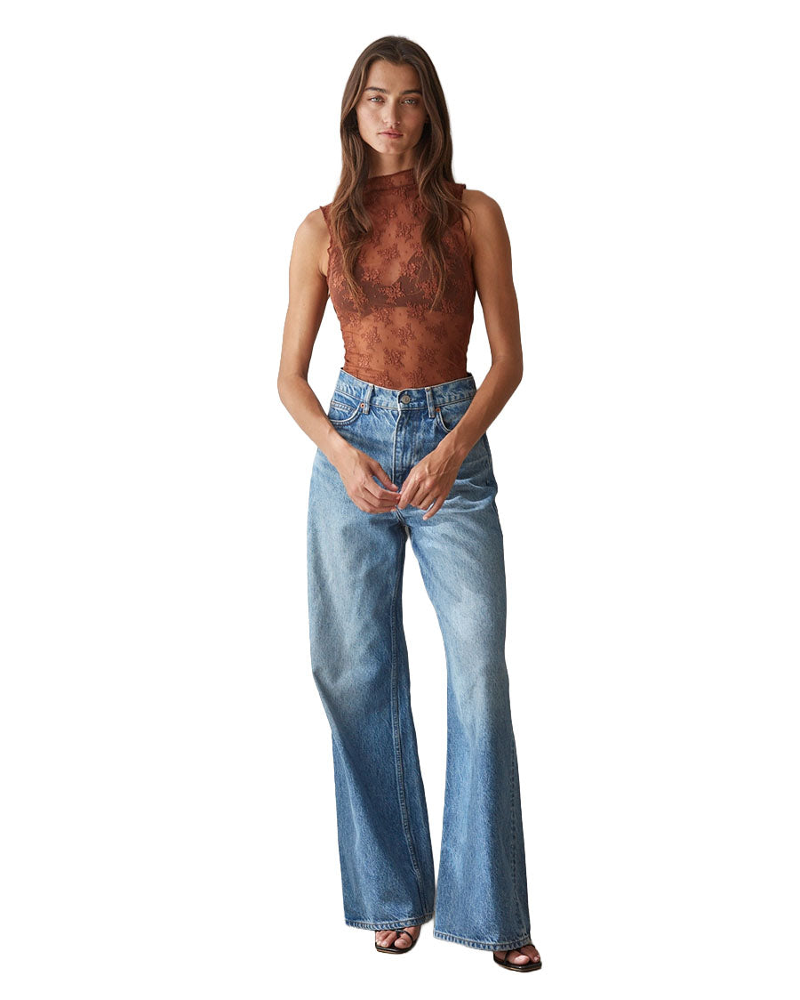 Women's Knit Floral Lace Sleeveless Mock Neck Top - L9601-Brown