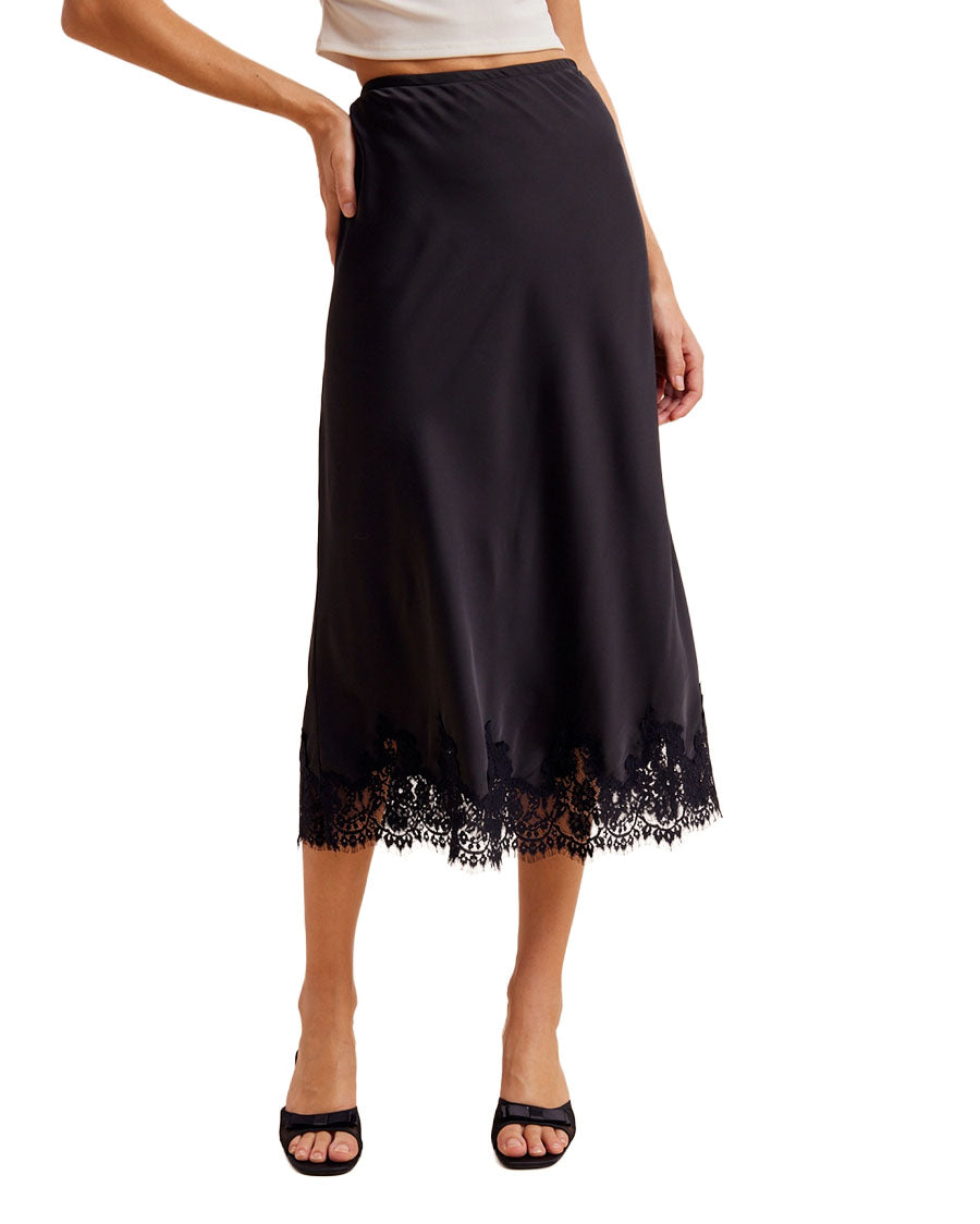 Women's Satin Lace Trim Skirt - Ilb7145-Black
