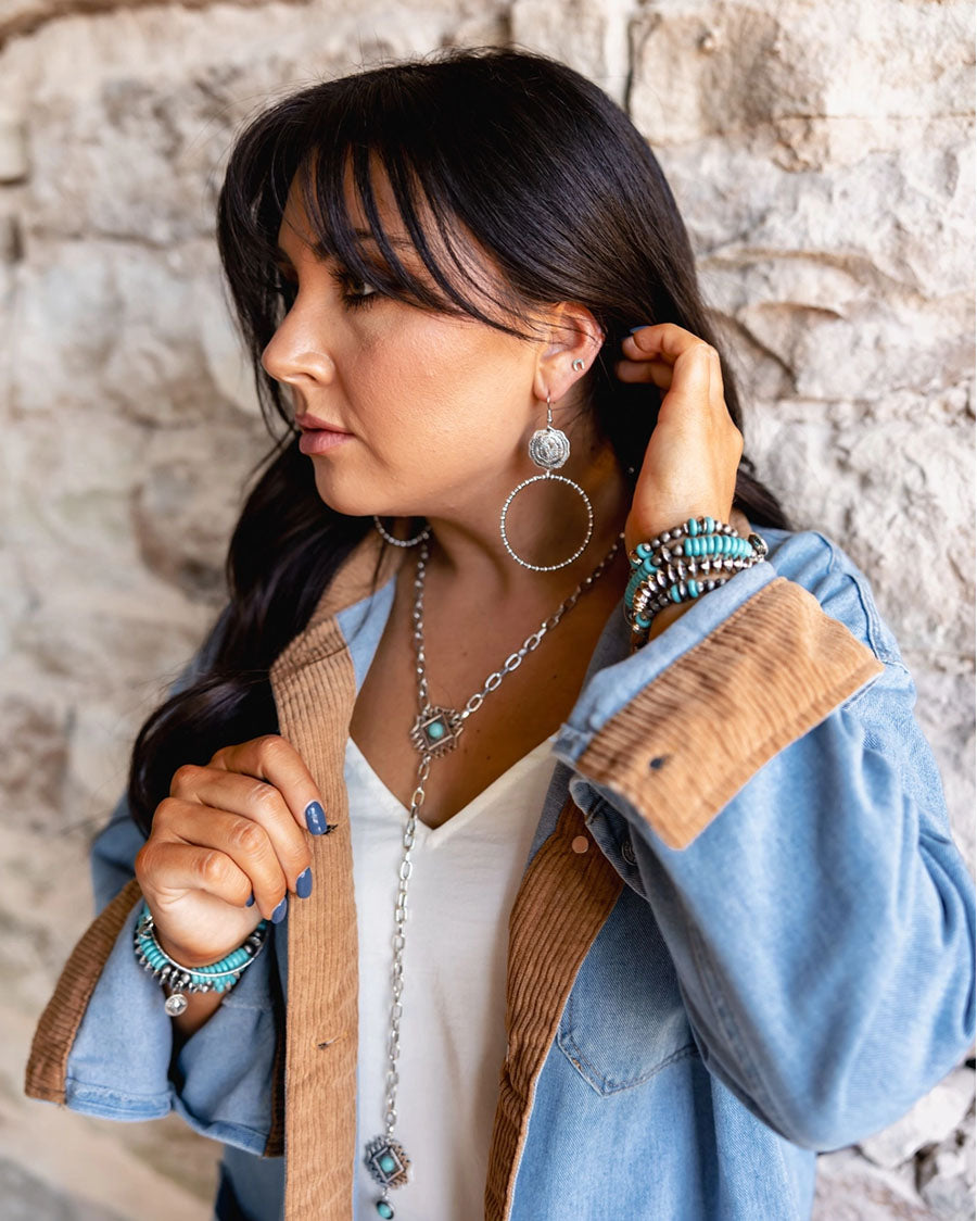 Women's Silver Dangle Hoop On Fishook With Concho Accent Earrings - E789