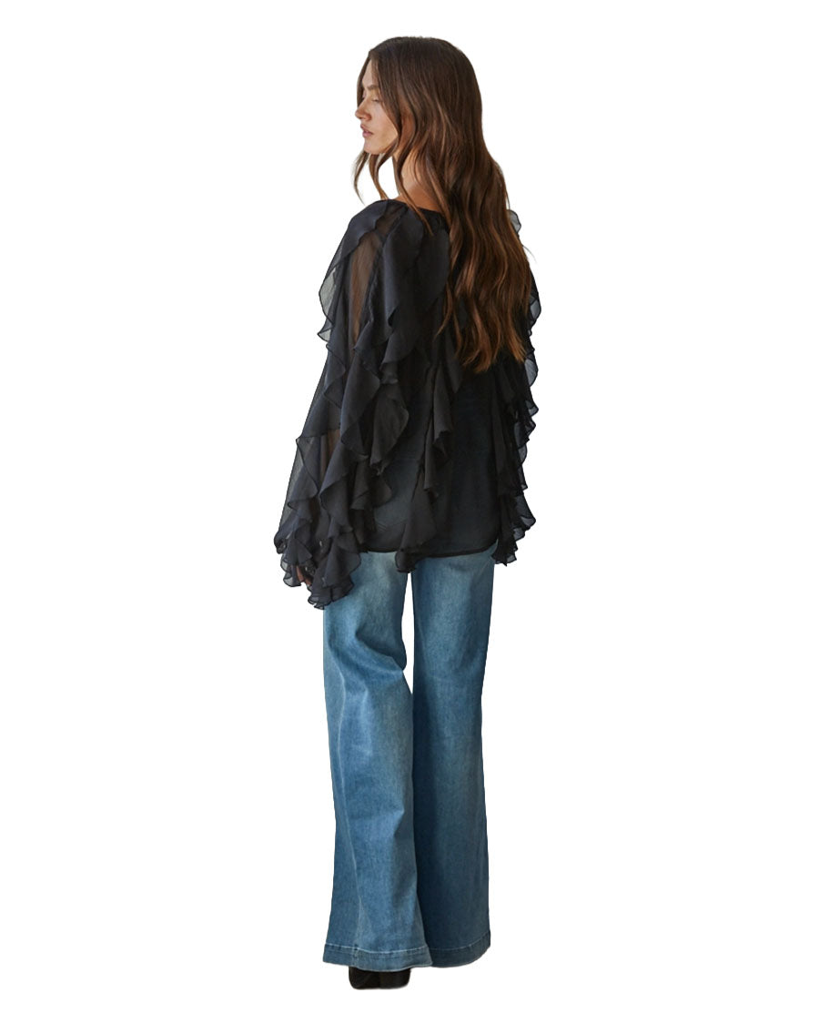 Women's Woven Ruffled V-Neck Button Down Long Sleeve Blouse - L9763-Black