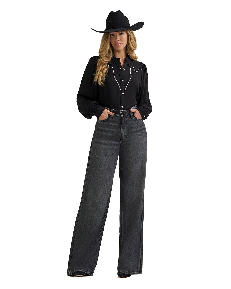 Women's Retro Punchy Long Sleeve Western Blouse - 112385449