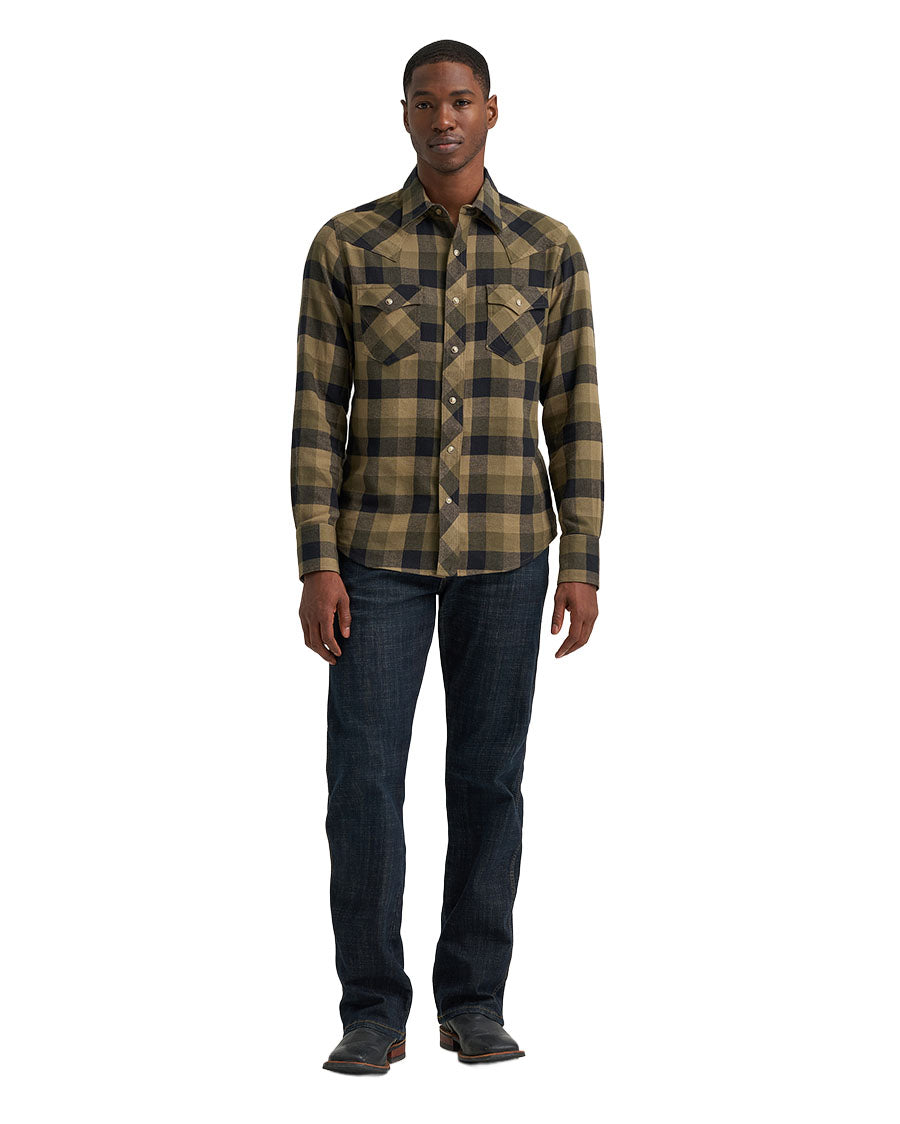 Men's Retro Flannel Long Sleeve Snap Western Shirt - 112385918