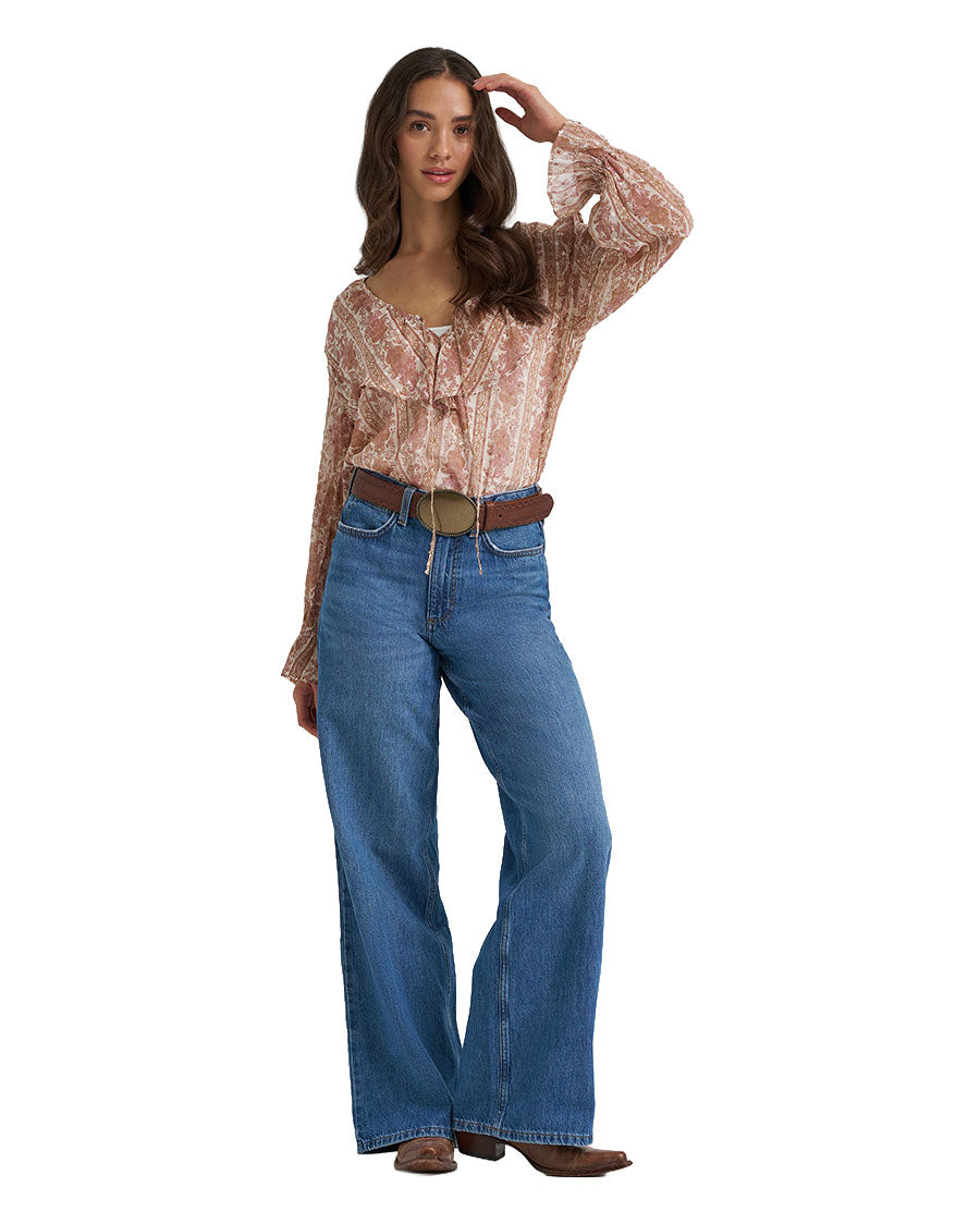 Women's Retro Americana Ruffle Long Sleeve Blouse - 112385995