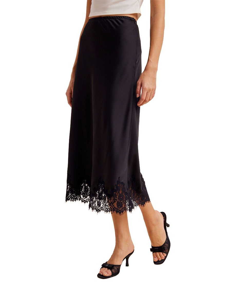 Women's Satin Lace Trim Skirt - Ilb7145-Black