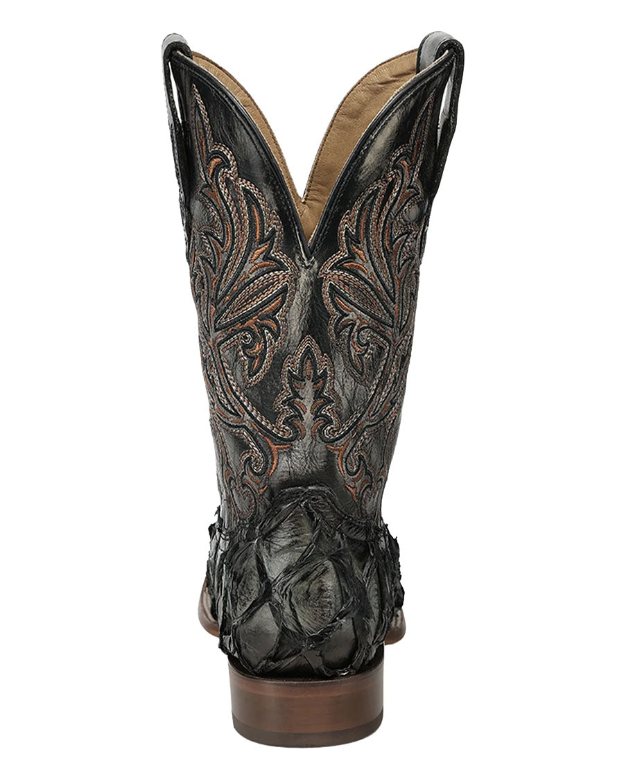 Men's Olive Green Pirarucu Embroidery Wide Square Toe Western Boots - A5055