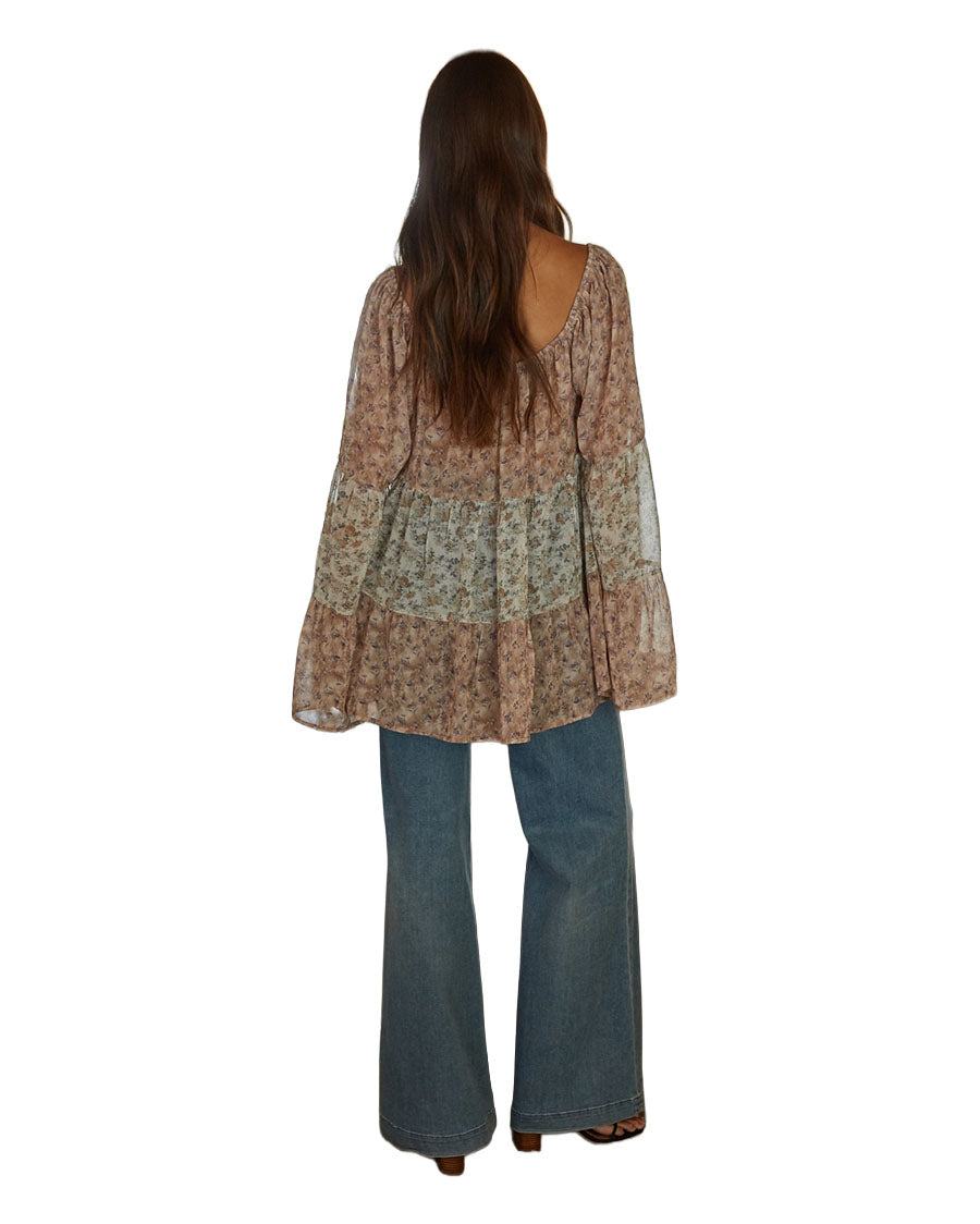 Women's Woven Polyester Floral Print V-Neck Long Sleeve Blouse - L10245-Mocha-Ivory