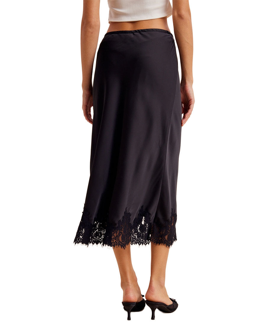 Women's Satin Lace Trim Skirt - Ilb7145-Black