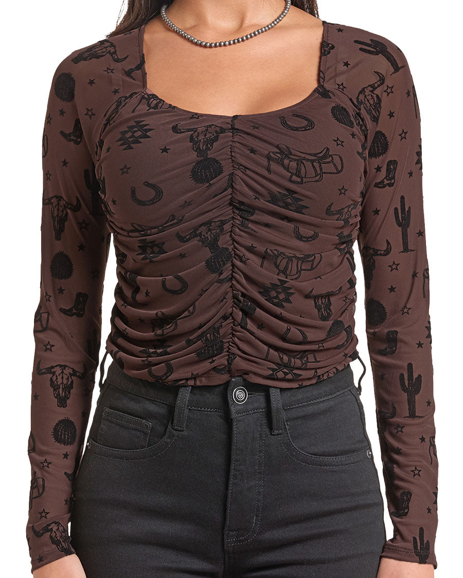 Women's Flocked Mesh Long Sleeve Blouse - Bw22T09960-21