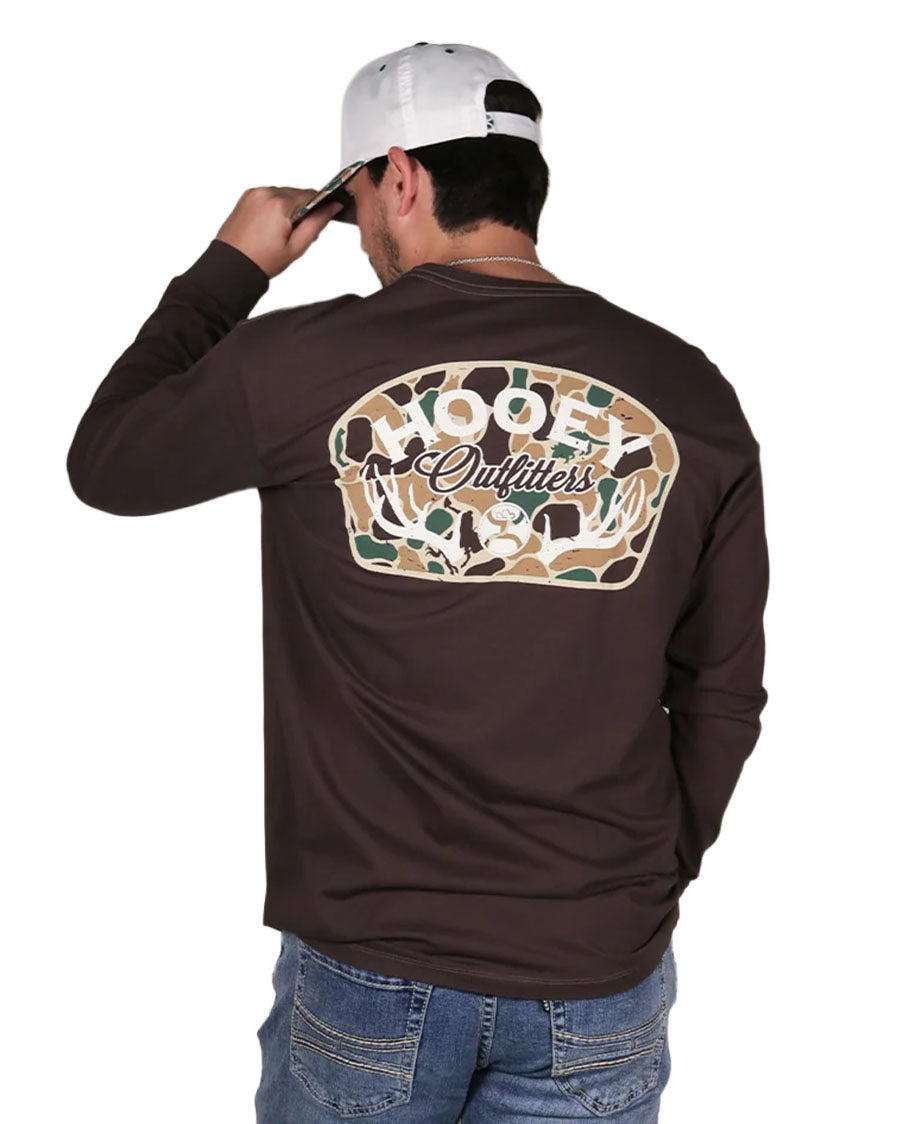 Men's Crew Neck Reactive Dye Long Sleeve Camo Antler Graphic T-Shirt - Ht2615Dkbr