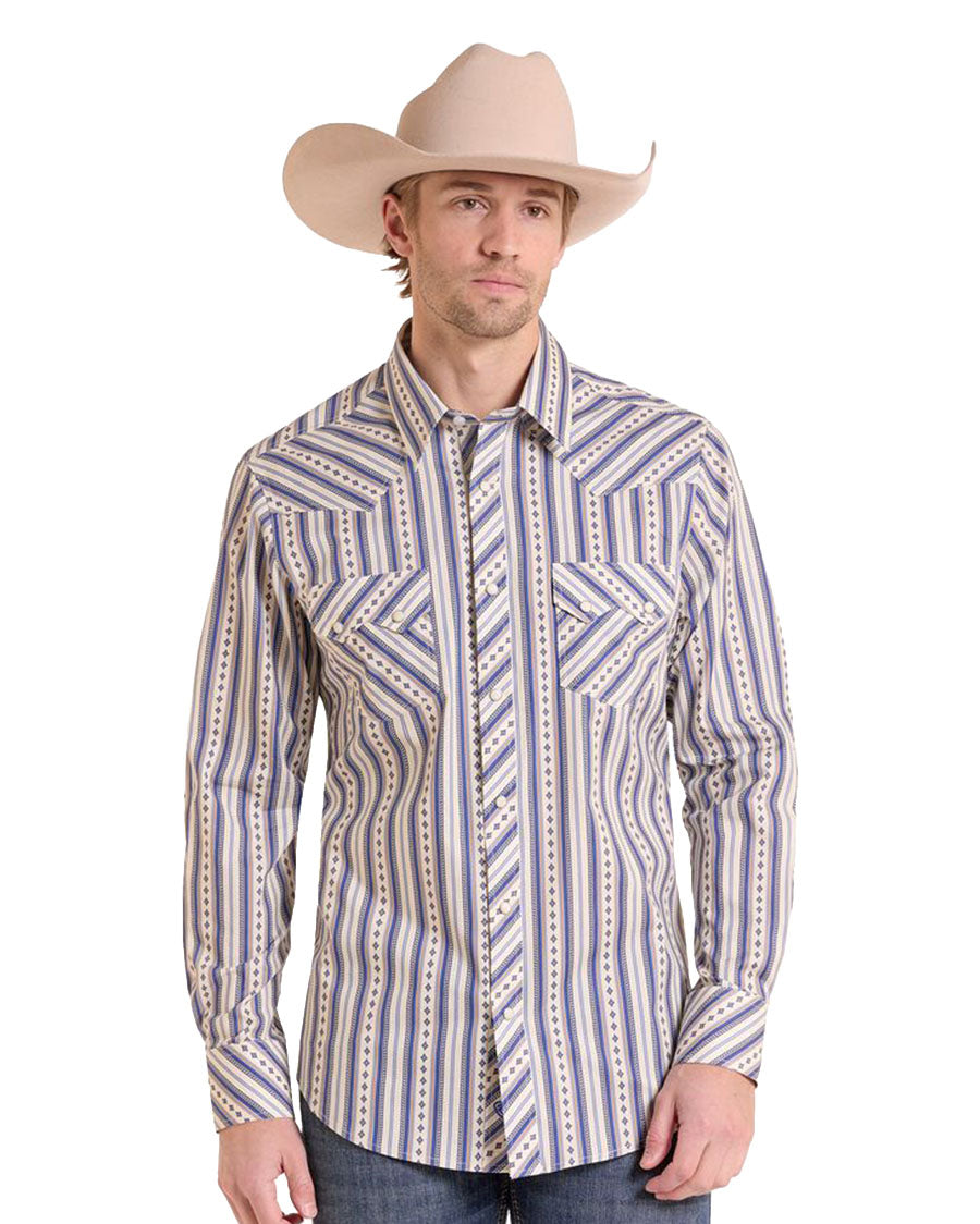 Men's Long Sleeve Stripe Diamond Print Snap Western Shirt - Bmn2S10103-46