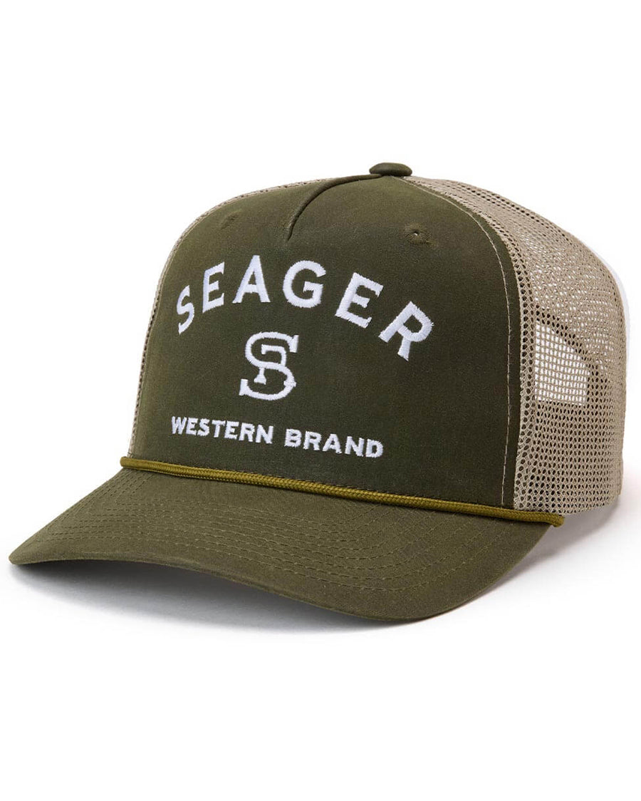 Branded Trucker Snapback Cap by Seager from Skip’s Western Outfitters | SEA-MHSP26BRANDTGRN-O/S-GREEN-WAXED-CANVAS