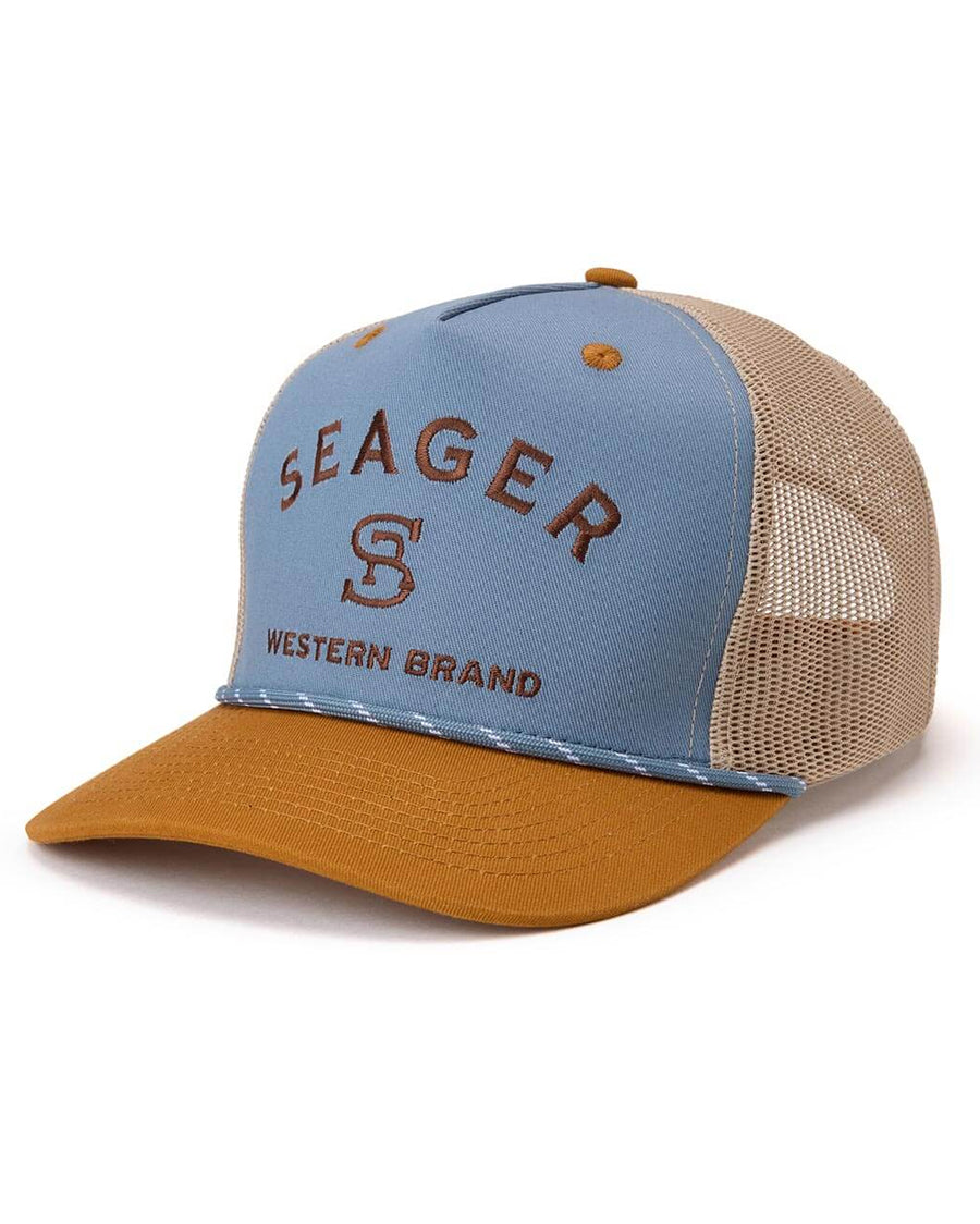 Branded Trucker Snapback Cap by Seager from Skip’s Western Outfitters | SEA-MHSP26BRANDTBLU-O/S-BLUE/TAN